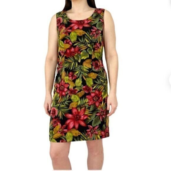 Kathie Lee Collection Dress Womens 6 Green Red Floral Summer Tropical Beach Midi - Picture 1 of 15